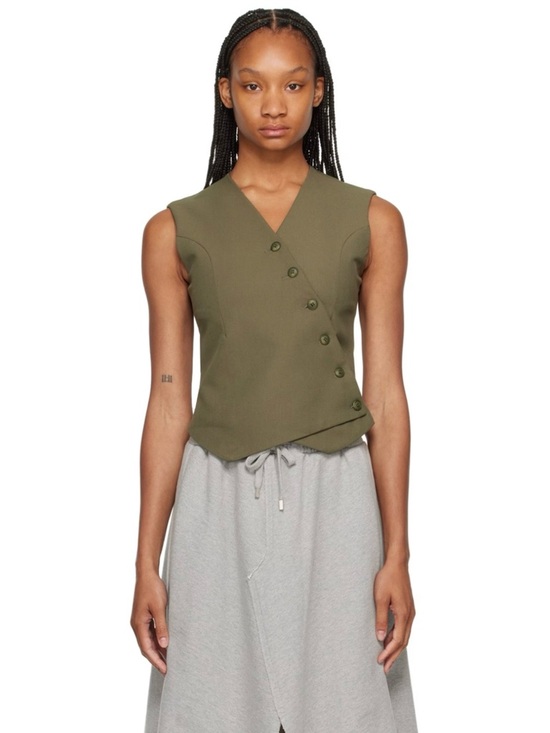 Jackets & Blazers - Sleeveless Asymmetric Button Front Top - Olive